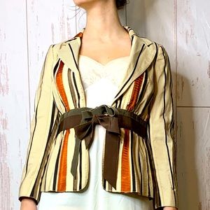 Moschino vintage striped satin tie front silk cotton open front cropped blazer